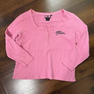 Harley Davidson Women's Waffle Knit Thermal Henley Pink Casual Y2K Layering 1X